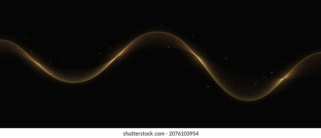 Gold glitter abstract waves on a black background. Glittering old dust trail. Abstract motion. Magic lines. Shiny color gold wave design element.