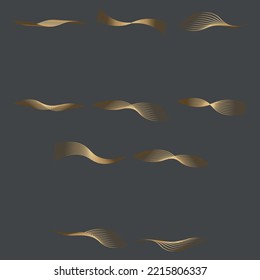 Gold glitter abstract waves on a black background, the set waves gold glitters