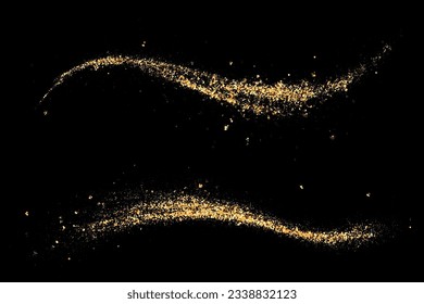 Gold glitter abstract waves on a black background, the set waves gold glitters.