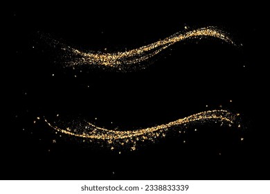 Gold glitter abstract waves on a black background, the set waves gold glitters