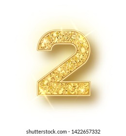 Gold glitter alphabet numbers 2 with shadow. Vector realistick shining golden font number two of sparkles on white background. For decoration of cute wedding, anniversary, party, label, headline, 