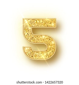 Gold glitter alphabet numbers 5 with shadow. Vector realistick shining golden font number five of sparkles on white background. For decoration of cute wedding, anniversary, party, label, headline.