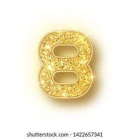 Gold glitter alphabet numbers 8 with shadow. Vector realistick shining golden font number eight of sparkles on white background. For decoration of cute wedding, anniversary, party, label, headline