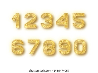 Gold glitter alphabet numbers set with shadow. Vector realistick shining golden font number 1,2,3,4,5,6,7,8,9,0 of sparkles on white background. For decoration of cute wedding, anniversary party label