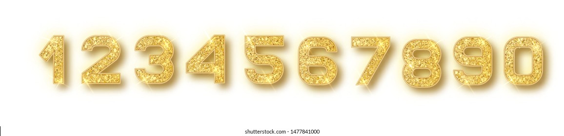 Gold glitter alphabet numbers set with shadow. Vector realistic shining golden font number 1,2,3,4,5,6,7,8,9,0 of sparkles on white background. For decoration of cute wedding, anniversary, party, lab