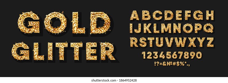 Gold glitter alphabet, numbers and signs. Text sparkles in bold gold letters. Collection of capital letters and punctuation marks for holiday. Set of metallic shiny elements. Vector stock illustration