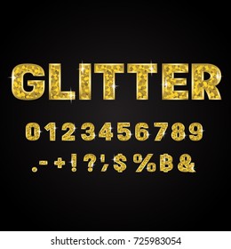 Gold glitter alphabet numbers vector illustration