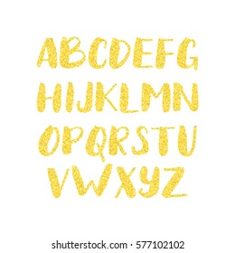 Gold Glitter Alphabet. Shiny Brush Calligraphy With Golden Glitter Texture Effect. Font With Sparkles.