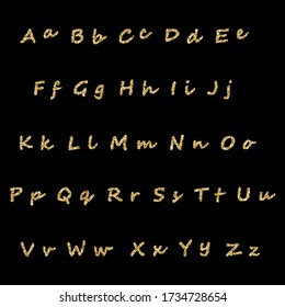 Gold glitter alphabet. Unique glowing vector font. Glowing vector letters.