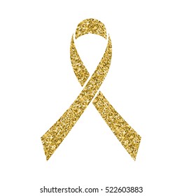 Gold Glitter Awareness Ribbon. Symbol Of Childhood Cancer Day In February 15 Isolated On White. Vector Illustration,