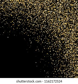 Gold glitter background. Gold corner frame sparkles on black background. Gilded particles vector. Explosion of golden shining confetti glitter. Abstract golden sparkles of confetti circle dots.