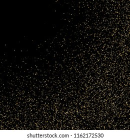 Gold glitter background. Gold corner frame sparkles on black background. Gilded particles vector. Explosion of golden shining confetti glitter. Abstract golden sparkles of confetti circle dots.