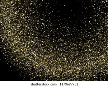 Gold glitter background. Gold corner frame sparkles on black background. Gilded particles vector. Explosion of golden shining confetti glitter. Abstract golden sparkles of confetti circle dots