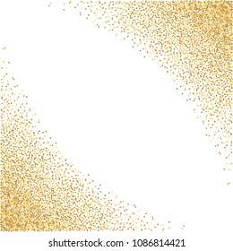 Gold glitter background corner vector illustration. yellow and brown dust falling down, flying circle Golden confetti elements. Sparkle dots, round tinsel elements celebration backdrop graphic design.