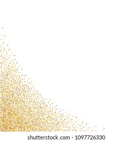 Gold glitter background corner vector illustration. yellow and brown dust falling down, flying circle Golden confetti elements. Sparkle dots, round tinsel elements celebration backdrop graphic design.