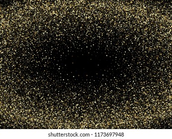 Gold glitter background. Gold frame sparkles on black background. Gilded abstract particles vector. Explosion of golden shining confetti glitter. Abstract golden sparkles of confetti circle dots.