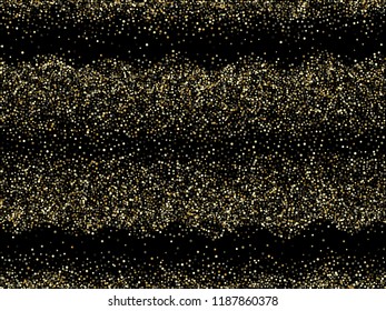Gold glitter background. Gold frame sparkles on black background. Gilded abstract particles vector. Explosion of golden shining confetti glitter. Abstract golden sparkles of confetti circle dots.