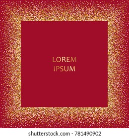 Gold glitter background. Golden frame on red background.