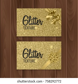 Gold, glitter background with realistic bow. Vector illustration