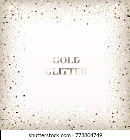 Gold glitter background with square golden confetti frame for holiday designs.