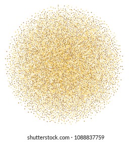 Gold glitter background vector illustration. yellow and brown dust falling down, flying circle Golden confetti elements. Sparkle dots, round tinsel elements celebration backdrop graphic design.