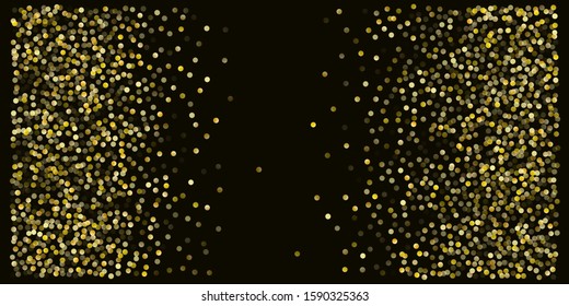 Gold glitter background vector illustration. yellow and brown dust falling down, flying circle Golden confetti elements. Sparkle dots, round tinsel elements celebration backdrop graphic design