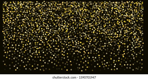 Gold glitter background vector illustration. yellow and brown dust falling down, flying circle Golden confetti elements. Sparkle dots, round tinsel elements celebration backdrop graphic design
