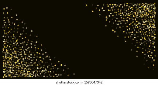 Gold glitter background vector illustration. yellow and brown dust falling down, flying circle Golden confetti elements. Sparkle dots, round tinsel elements celebration backdrop graphic design