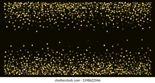 Gold glitter background vector illustration. yellow and brown dust falling down, flying circle Golden confetti elements. Sparkle dots, round tinsel elements celebration backdrop graphic design