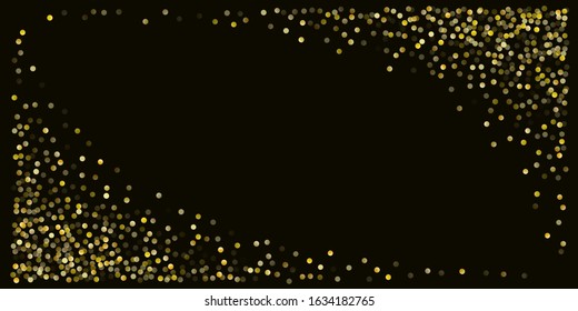 Gold glitter background vector illustration. yellow and brown dust falling down, flying circle Golden confetti elements. Sparkle dots, round tinsel elements celebration backdrop graphic design