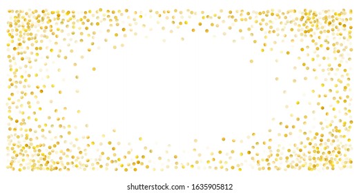 Gold glitter background vector illustration. yellow and brown dust falling down, flying circle Golden confetti elements. Sparkle dots, round tinsel elements celebration backdrop graphic design