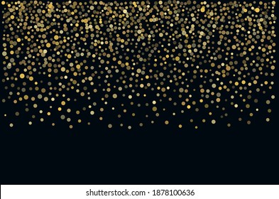 Gold glitter background vector illustration. Golden confetti elements. Round tinsel elements, falling down, flying circle sparkle dots, celebration backdrop graphic design