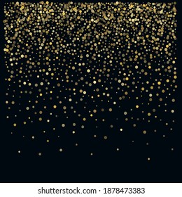 Gold glitter background vector illustration. Golden confetti elements. Round tinsel elements, falling down, flying circle sparkle dots, celebration backdrop graphic design