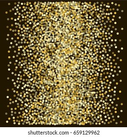 Gold glitter background vector illustration. Golden dust, flying circle yellow and brown confetti elements. Sparkle dots, round tinsel elements celebration backdrop graphic design.
