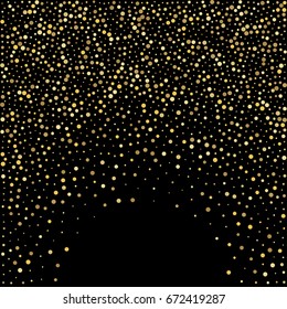 Gold glitter background vector illustration. Golden dust falling down, flying circle yellow confetti elements. Sparkle dots, round tinsel elements celebration backdrop graphic design.