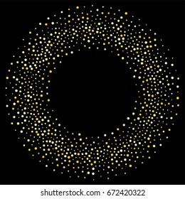 Gold glitter background vector illustration. Golden dust falling round, flying circle yellow confetti elements. Sparkle dots, round tinsel elements celebration backdrop graphic design.