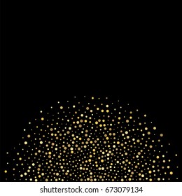 Gold glitter background vector illustration. Golden dust falling down, flying circle yellow confetti elements. Sparkle dots, round tinsel elements celebration backdrop graphic design. cosmic fireworks