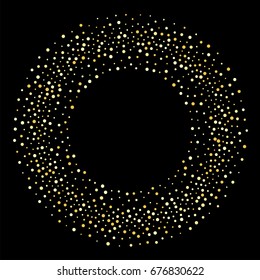 Gold glitter background vector illustration. Golden dust falling round, flying circle yellow confetti elements. Sparkle dots, round tinsel elements celebration backdrop graphic design.