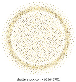 Gold glitter background vector illustration. Golden dust falling round, flying circle yellow and brown confetti elements. Sparkle dots, round tinsel elements celebration backdrop graphic design.