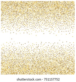 Gold glitter background vector illustration. Golden dust, flying circle yellow and brown confetti elements. Sparkle dots, round tinsel elements celebration backdrop graphic design.