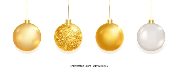 Gold glitter balls. Christmas garland. Xmas bauble. Hang Holiday toy. Luxury design element. Glass round New Year gift. Celebration sphere winter decor. Golden star light. Vector illustration.