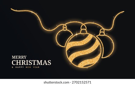 Gold glitter balls continuous line isolated on a black background. Christmas glowing balls with confetti. Vector illustration