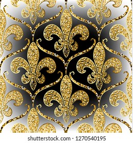 Gold glitter Baroque ornamental vector seamless pattern. Antique style patterned shine background. Repeat damask glittering backdrop. Vintage floral glitters ornament. Modern royal luxury rich design