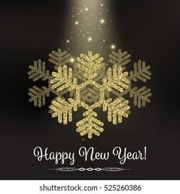 Gold glitter big snowflake, vector illustration. Happy New Year beautiful elegant card, trendy luxury black background. 