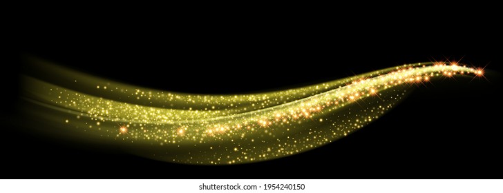 Gold glitter black background, stardust golden sparkles vector magic Christmas shine. Golden glitter wave or light trail effect with sparks of glistering glow