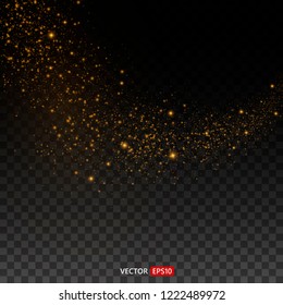 Gold glitter bokeh lights and tinsel. Bright star, solar particles and sparks with glare effect on a transparent background. Vector EPS10