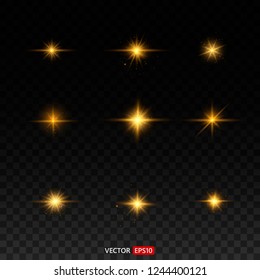 Gold glitter bokeh lights and tinsel. Bright star, solar particles and sparks with glare effect on a transparent background. Vector EPS10