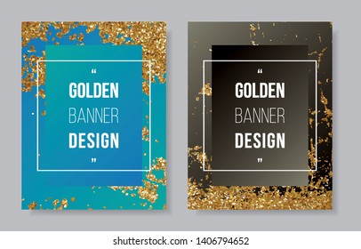Gold glitter border on blue cyan background, golden star white text on gradient black banner, shinny frame invitation party CMYK offset template.