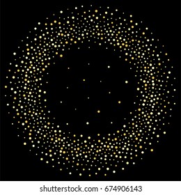 gold glitter border vector illustration. Golden dust falling round, flying circle gold glitter dots confetti elements. Sparkle dots, round tinsel elements celebration backdrop graphic design