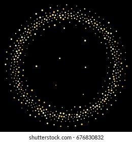 gold glitter border vector illustration. Golden dust falling round, flying circle gold glitter dots confetti elements. Sparkle dots, round tinsel elements celebration backdrop graphic design